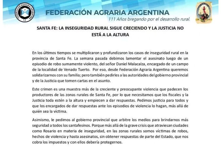 Comunicado de la Federación Agraria Argentina.