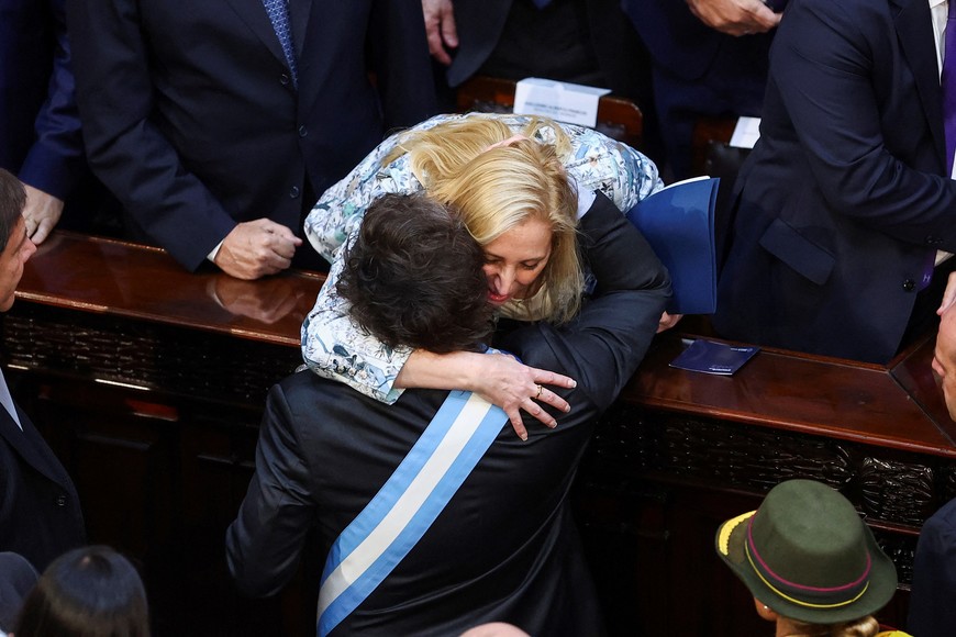 Argentina's President Javier Milei hugs his sister Karina Milei during the opening session of the 142nd legislative term, at the National Congress, in Buenos Aires, Argentina, March 1, 2024. REUTERS/Agustin Marcarian