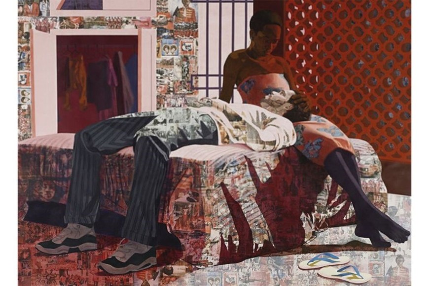 Njideka Akunyili Crosby, “Nwantinti”, 2012. Acrílico, pastel, carbonilla, lápiz de color y transferencias Xerox sobre papel, 172,7 × 243,8 cm.