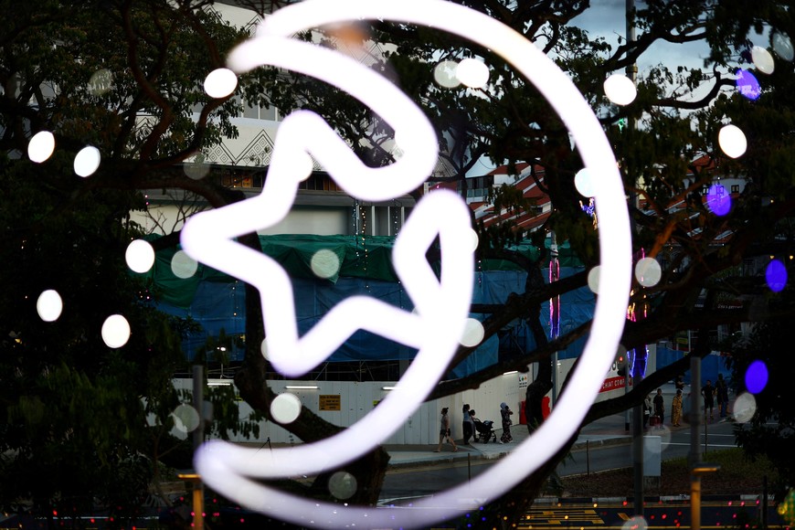 Lights decorate the streets of Geylang Serai for Eid al-Fitr, marking the end of the holy fasting month of Ramadan, in Singapore April 9, 2024. REUTERS/Edgar Su