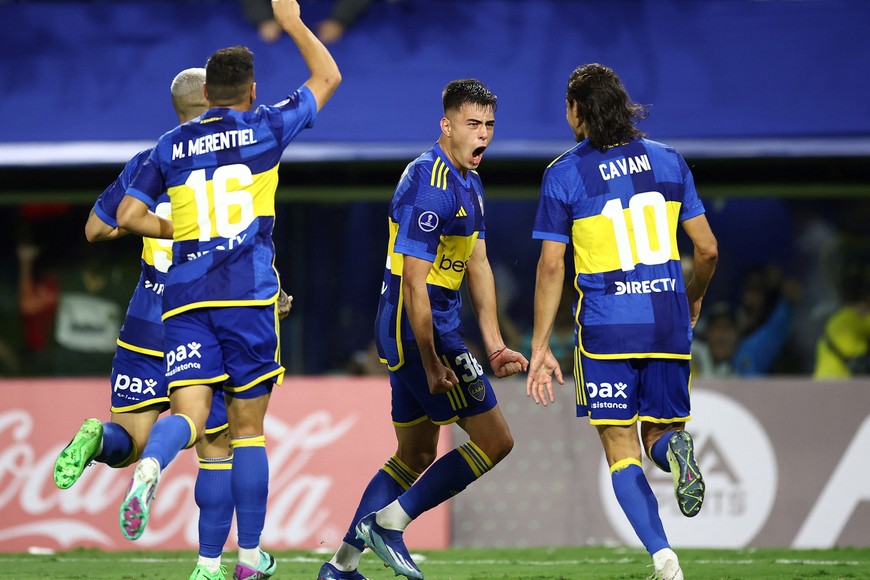 Soccer Football - Copa Sudamericana - Group D - Boca Juniors v Sportivo Trinidense - Estadio La Bombonera, Buenos Aires, Argentina - April 9, 2024?
Boca Juniors' Aaron Anselmino celebrates scoring their first goal with teammates REUTERS/Agustin Marcarian