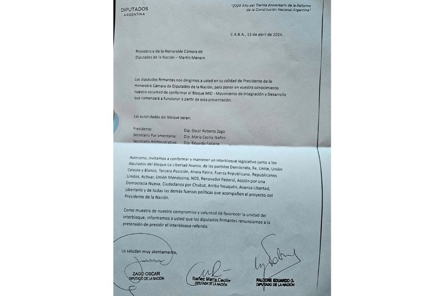 La presentación oficial para la conformación del Bloque MID con firma de Oscar Zago, Eduardo Falcone y María Cecilia Ibáñez.