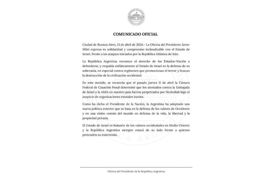El comunicado oficial del gobierno argentino por el ataque de Irán a Israel.
