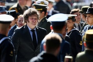 Argentina's President Javier Milei attends a ceremony to honour victims of the 1982 war between Britain and Argentina in the Falkland Islands, known to Argentines as 'Malvinas', at a war memorial with names of killed Argentinian soldiers, marking the 42nd anniversary of the conflict, in Buenos Aires, Argentina, April 2, 2024. REUTERS/Agustin Marcarian