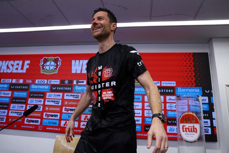 Soccer Football - Bundesliga - Bayer Leverkusen v Werder Bremen - BayArena, Leverkusen, Germany - April 14, 2024
Bayer Leverkusen coach Xabi Alonso during a press conference after winning the Bundesliga REUTERS/Wolfgang Rattay DFL REGULATIONS PROHIBIT ANY USE OF PHOTOGRAPHS AS IMAGE SEQUENCES AND/OR QUASI-VIDEO.