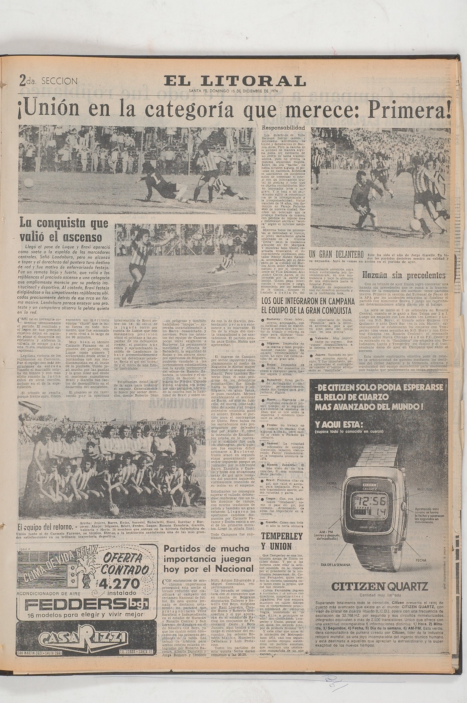 Cobertura de El Litoral del ascenso de 1974 en Campana, provincia de Buenos Aires. 