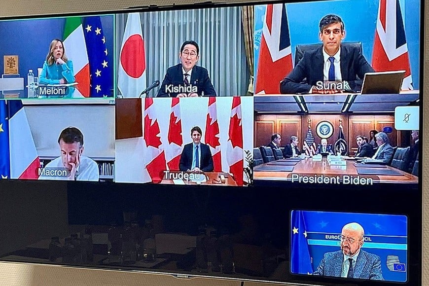 G7 leaders discuss Iranian attack on Israel over a video meeting in this picture obtained from social media, Brussels, Belgium, April 14, 2024. Charles Michel via X/via REUTERS  THIS IMAGE HAS BEEN SUPPLIED BY A THIRD PARTY. MANDATORY CREDIT. NO RESALES. NO ARCHIVES.