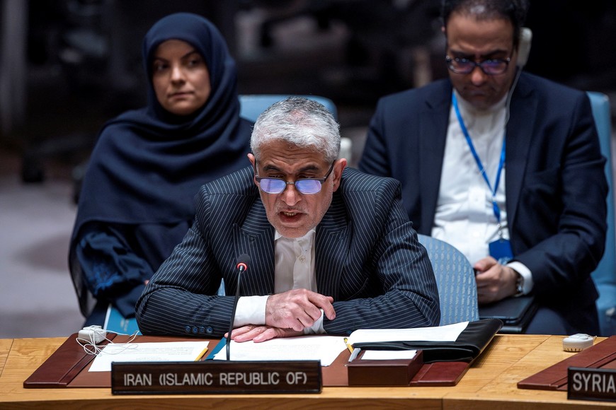 Iran's Ambassador to the United Nations Amir Saeid Iravani speaks to members of Security Council during a meeting on the situation in the Middle East at U.N. headquarters in New York City, New York, U.S., April 14, 2024. REUTERS/Eduardo Munoz