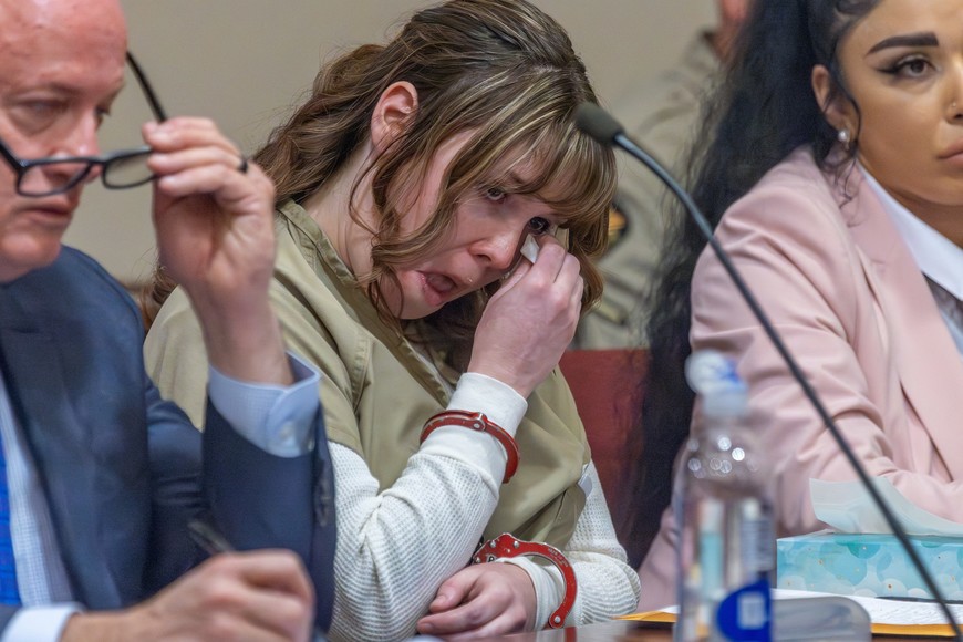 Hannah Gutierrez-Reed, the former armorer at the movie Rust, wipes her tears during her sentencing hearing in First District Court, in Santa Fe, New Mexico, U.S., April 15, 2024. Luis Sanchez Saturno/Pool via REUTERS