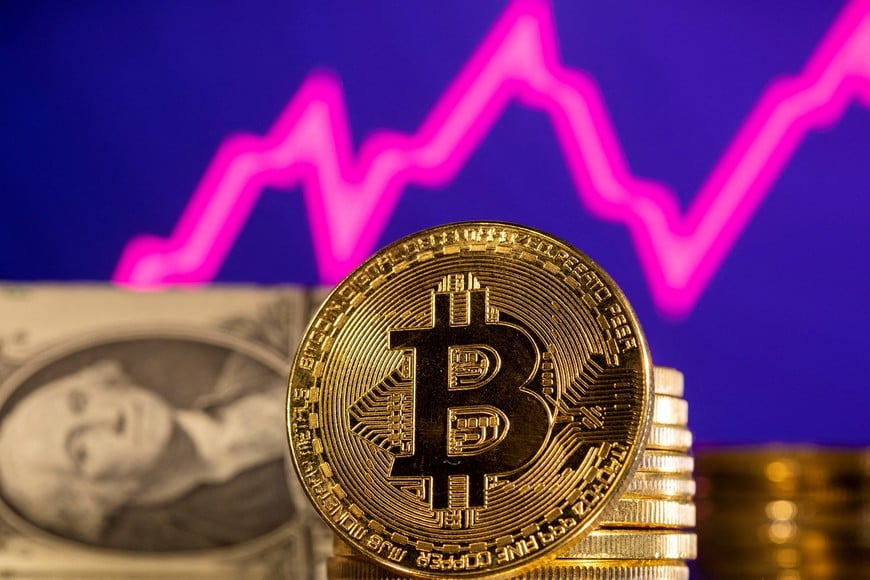 FILE PHOTO: A representation of bitcoin is seen in front of a stock graph and U.S. dollar in this illustration taken, January 24, 2022. REUTERS/Dado Ruvic/File Photo