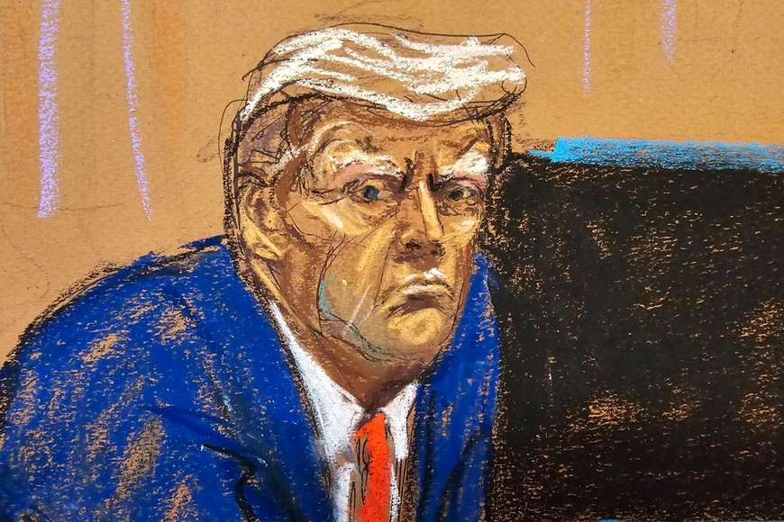 Former U.S. President Donald Trump turns to face the audience at the beginning of his trial over charges that he falsified business records to conceal money paid to silence porn star Stormy Daniels in 2016, in Manhattan state court in New York City, U.S. April 15, 2024 in this courtroom sketch. REUTERS/Jane Rosenberg/Pool