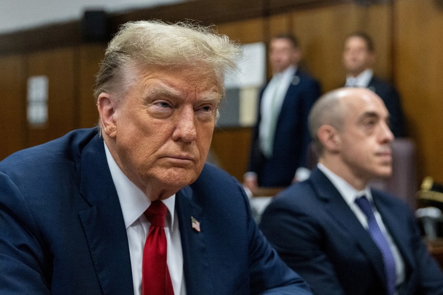 Former US President Donald Trump at Manhattan Criminal Court in New York, US, on Monday, April 15, 2024. Jury selection begins Monday in Trump's criminal trial where he faces felony counts of falsifying business records.  JEENAH MOON/Pool via REUTERS