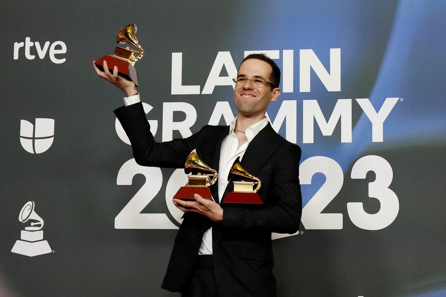 Edgar Barrera poses with the Best Regional Song, Songwriter of the Year and Producer of the Year Awards at the 24th Annual Latin Grammy Awards in Seville, Spain, November 17, 2023. REUTERS/Jon Nazca