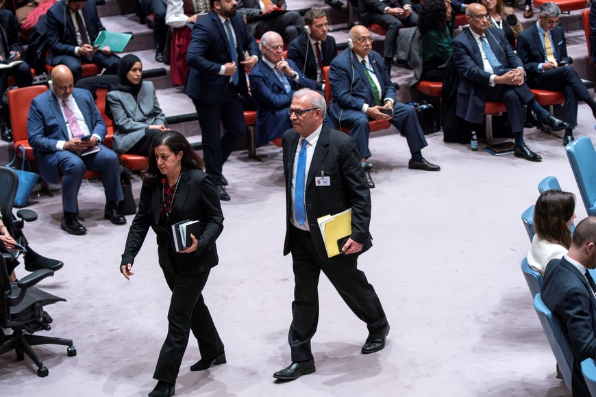 Ziad Abu-Amr, member of the Palestinian Legislative Council, exits the chamber after U.S. Deputy Ambassador to the United Nations Robert Wood voted against members of the Security Council allowing Palestinian U.N. membership during a Security Council at U.N. headquarters in New York City, New York, U.S., April 18, 2024. REUTERS/Eduardo Munoz