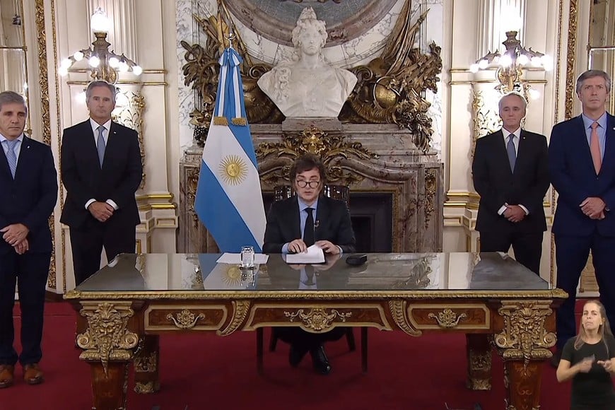 El presidente Javier Milei durante su mensaje por cadena nacional.