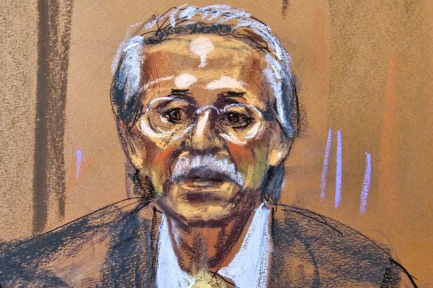 Former National Enquirer publisher David Pecker speaks from the witness stand during former U.S. President Donald Trump's criminal trial on charges that he falsified business records to conceal money paid to silence porn star Stormy Daniels in 2016, in Manhattan state court in New York City, U.S. April 22, 2024 in this courtroom sketch. REUTERS/Jane Rosenberg
