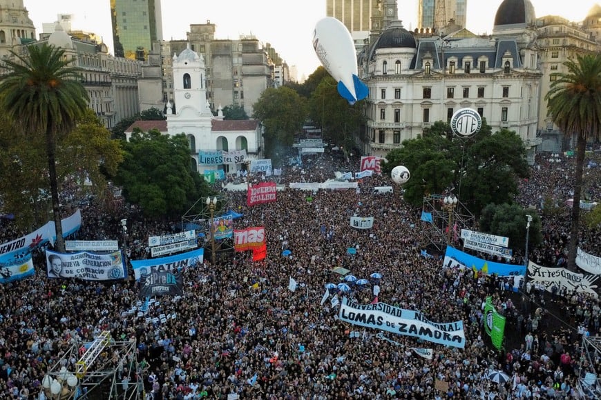 A drone picture shows Argentine university students, unions and social groups gathering in front of Casa Rosada government house to protest against President Javier Milei's "chainsaw" cuts on public education, in Buenos Aires, Argentina, April 23, 2024. REUTERS/Agustin Marcarian