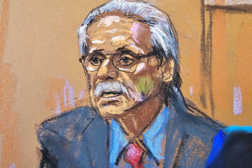 David Pecker is questioned during former U.S. President Donald Trump's criminal trial on charges that he falsified business records to conceal money paid to silence porn star Stormy Daniels in 2016, in Manhattan state court in New York City, U.S. April 23, 2024 in this courtroom sketch. REUTERS/Jane Rosenberg