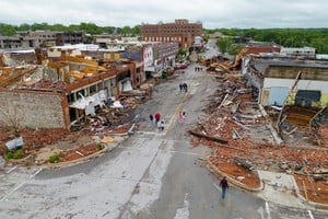 Damaged buildings are seen in an aerial photograph after the town was hit by a tornado the night before in Sulphur, Oklahoma, U.S. April 28, 2024.   Bryan Terry/The Oklahoman/USA Today Network via REUTERS
NO RESALES. NO ARCHIVES. MANDATORY CREDIT