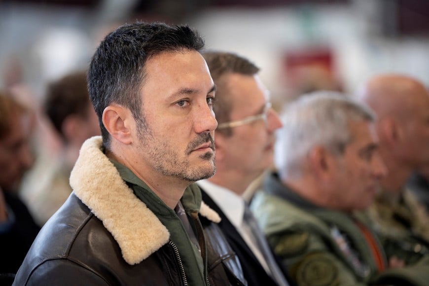 Argentina's Defense Minister Luis Alfonso Petri looks on at a press event at Skrydstrup Airport where he meets with Denmark's Defense Minister Troels Lund Poulsen, in Jutland, Denmark April 16, 2024. Ritzau Scanpix/via REUTERS    ATTENTION EDITORS - THIS IMAGE WAS PROVIDED BY A THIRD PARTY. DENMARK OUT. NO COMMERCIAL OR EDITORIAL SALES IN DENMARK.