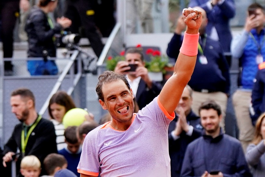 Tennis - Madrid Open - Park Manzanares, Madrid, Spain - April 29, 2024
Spain's Rafael Nadal celebrates after winning his round of 32 match against Argentina's Pedro Cachin REUTERS/Ana Beltran