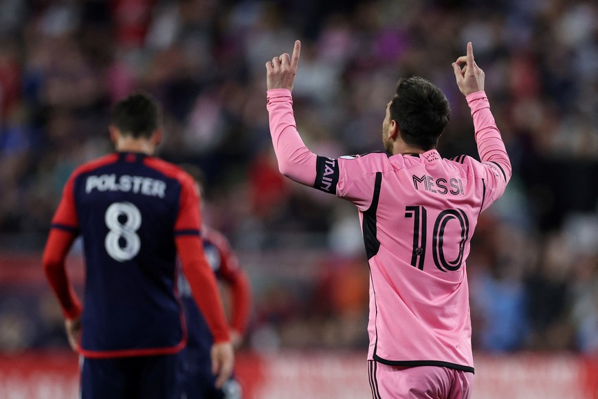 Apr 27, 2024; Foxborough, Massachusetts, USA; Inter Miami CF midfielder Lionel Messi (10) gestures after scoring a goal in the first half against the New England Revolution at Gillette Stadium. Mandatory Credit: Paul Rutherford-USA TODAY Sports