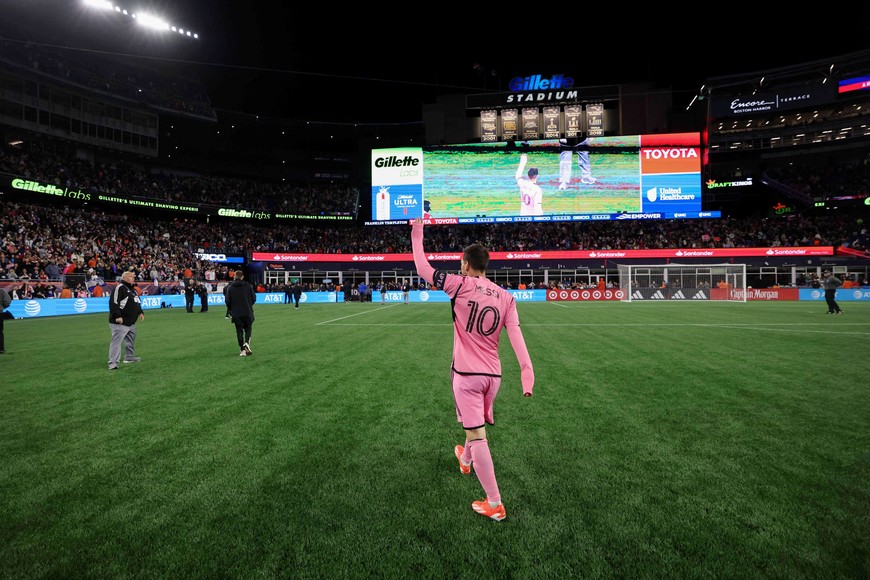 Apr 27, 2024; Foxborough, Massachusetts, USA; Inter Miami CF midfielder Lionel Messi (10) gestures to the crowd after the match against the New England Revolution at Gillette Stadium. Mandatory Credit: Paul Rutherford-USA TODAY Sports
