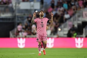 Apr 20, 2024; Fort Lauderdale, Florida, USA; Inter Miami CF forward Lionel Messi (10) celebrates after a goal in the first half against Nashville SC at Chase Stadium. Mandatory Credit: Nathan Ray Seebeck-USA TODAY Sports