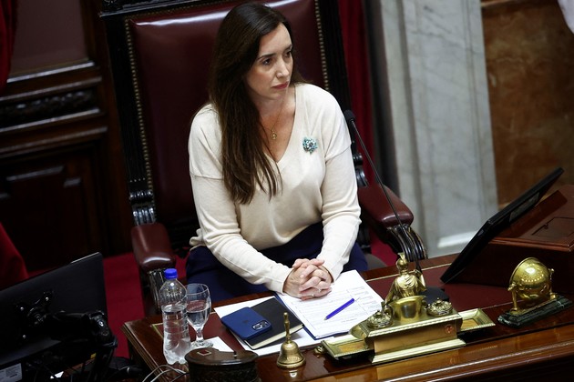 Argentina's Vice President and President of the Senate, Victoria Villarruel, looks on as lawmakers meet to debate a necessity and urgency decree, whose objective is to deregulate the economy, among other measures, at the National Congress in Buenos Aires, Argentina March 14, 2024. REUTERS/Agustin Marcarian