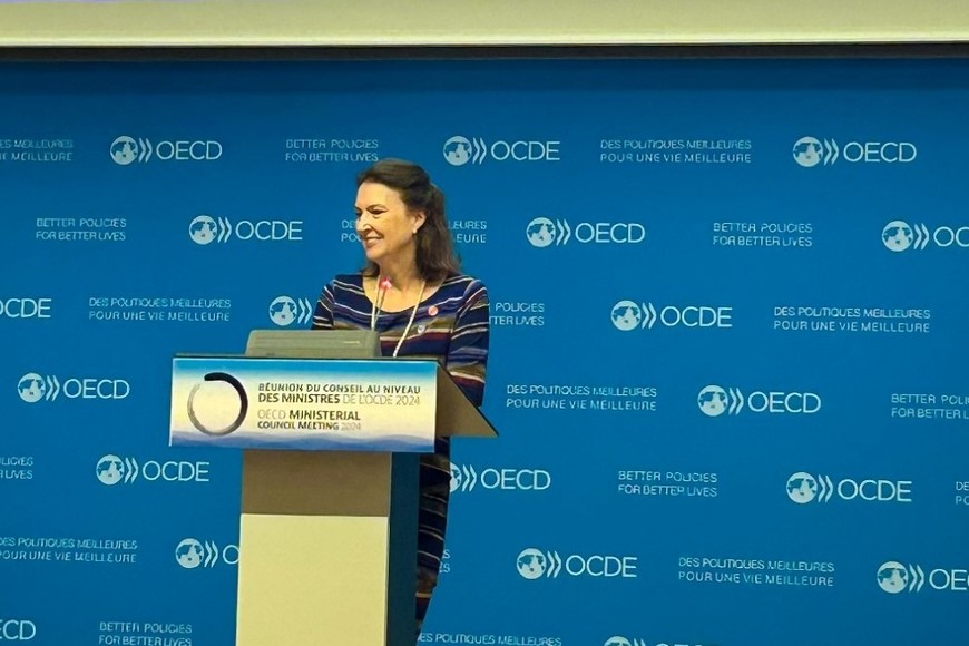 Diana Mondino este jueves en la OCDE. Crédito: Cancillería