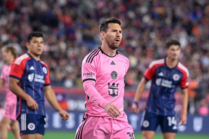 Apr 27, 2024; Foxborough, Massachusetts, USA; Inter Miami CF midfielder Lionel Messi (10) in the second half against the New England Revolution at Gillette Stadium. Mandatory Credit: Eric Canha-USA TODAY Sports