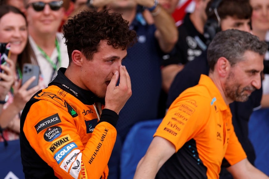 May 5, 2024; Miami Gardens, Florida, USA; McLaren driver Lando Norris (4) reacts after winning the Miami Grand Prix at Miami International Autodrome. Mandatory Credit: Peter Casey-USA TODAY Sports