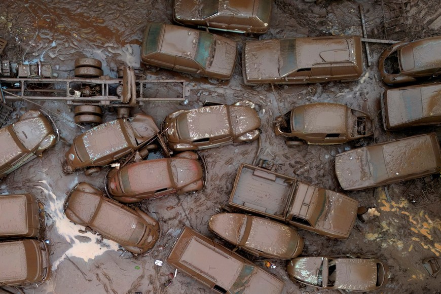 A drone view shows vehicles in the area affected by the floods, in Encantado, Rio Grande do Sul state, Brazil, May 3, 2024. REUTERS/Diego Vara
