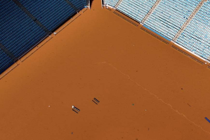 A drone view shows seats at the flooded Arena Gremio stadium in Porto Alegre, in Rio Grande do Sul state, Brazil, May 6, 2024. REUTERS/Amanda Perobelli