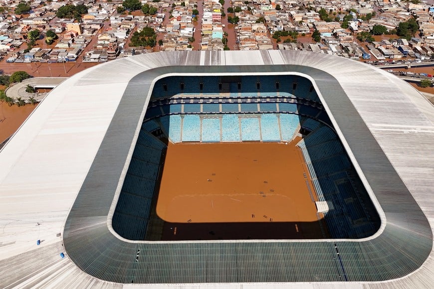 A drone view shows the flooded Arena Gremio stadium in Porto Alegre, in Rio Grande do Sul state, Brazil, May 6, 2024. REUTERS/Amanda Perobelli
