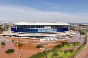 A drone view shows the flooded Arena Gremio stadium in Porto Alegre, in Rio Grande do Sul state, Brazil, May 6, 2024. REUTERS/Amanda Perobelli
