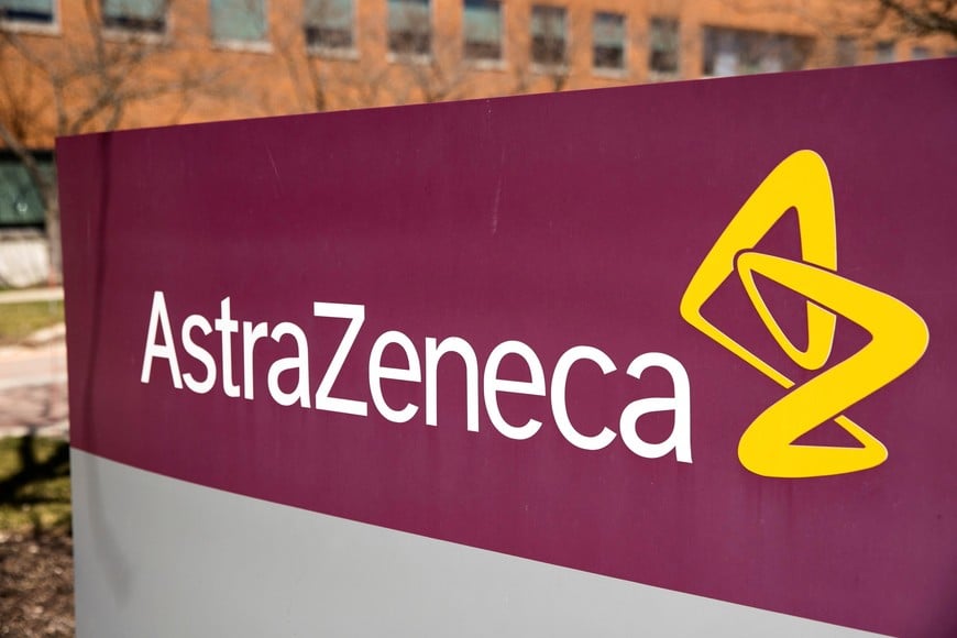 FILE PHOTO: The logo for AstraZeneca is seen outside its North America headquarters in Wilmington, Delaware, U.S., March 22, 2021.  REUTERS/Rachel Wisniewski/File Photo