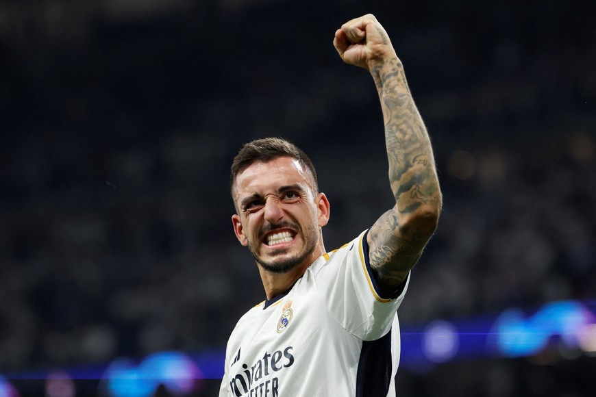 Soccer Football - Champions League - Semi Final - Second Leg - Real Madrid v Bayern Munich - Santiago Bernabeu, Madrid, Spain - May 8, 2024 
Real Madrid's Joselu celebrates after the match REUTERS/Juan Medina