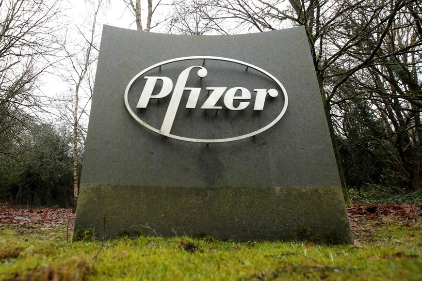 FILE PHOTO: The Pfizer logo is seen at their UK commercial headquarters in Walton Oaks, Britain, February 1, 2021. REUTERS/Matthew Childs/File Photo