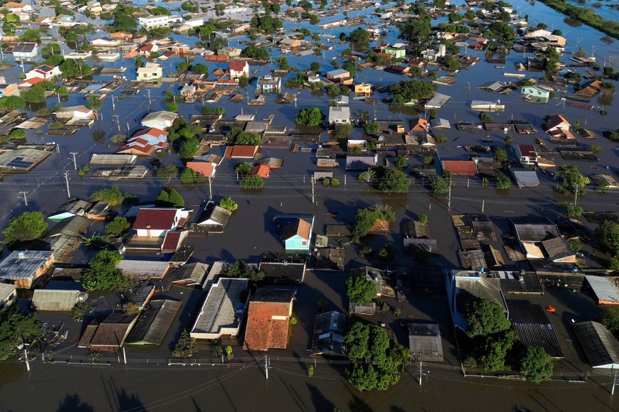 A drone view shows the flooded neighborhood of Mathias Velho in Canoas, Rio Grande do Sul state, Brazil May 9, 2024. REUTERS/Diego Vara