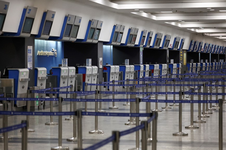 A view of unattended check-in desks at Aeroparque Jorge Newbery airport, during a 24-hour general strike against Argentina's President Javier Milei government's adjustment policy, in Buenos Aires, Argentina May 9, 2024. REUTERS/Agustin Marcarian