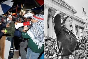 A la izquierda, manifestaciones en Austin, Texas, Estados Unidos el 5 de mayo pasado. A la derecha, el mayo de 1971 que fue clave en el reclamo contra la guerra.