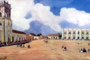 Recreación pictórica de la plaza de Santa Fe, a cargo de Léonie Matthis. Foto: Archivo El Litoral