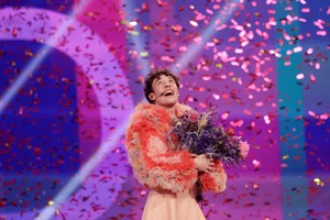 Nemo representing Switzerland reacts while holding flowers after winning during the Grand Final of the 2024 Eurovision Song Contest, in Malmo, Sweden, May 12, 2024. REUTERS/Leonhard Foeger
 REFILE - CORRECTING DATE