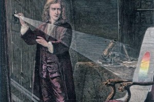 J.B. Houston representó a sir Isaac Newton con su disco de luz en este grabado de 1879.