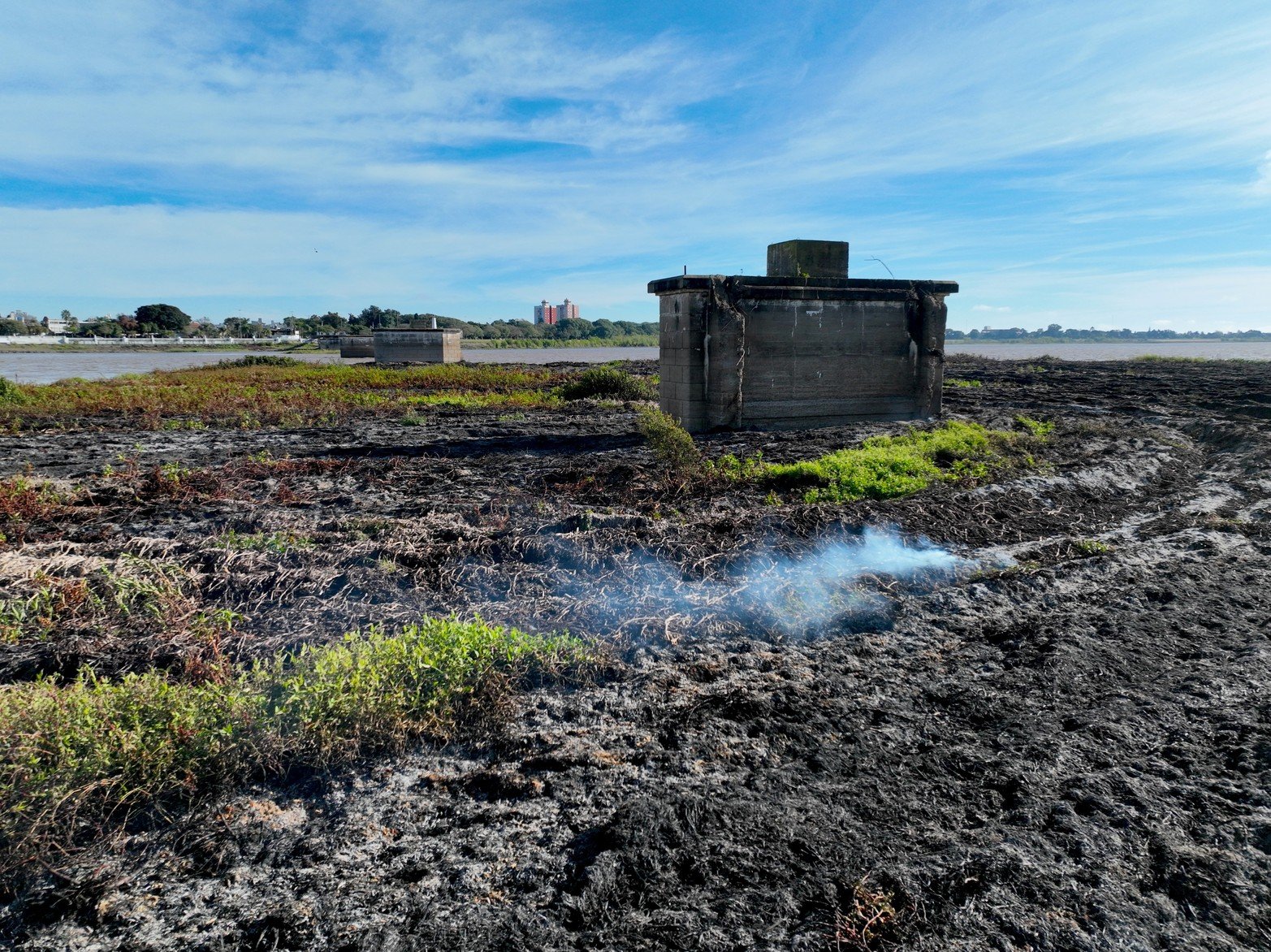 Así quedó el embalsado de la laguna Setúbal tras el incendio de este martes por la noche. Las llamas afectaron prácticamente la mitad de la vegetación acuática que se formó en ese sector.