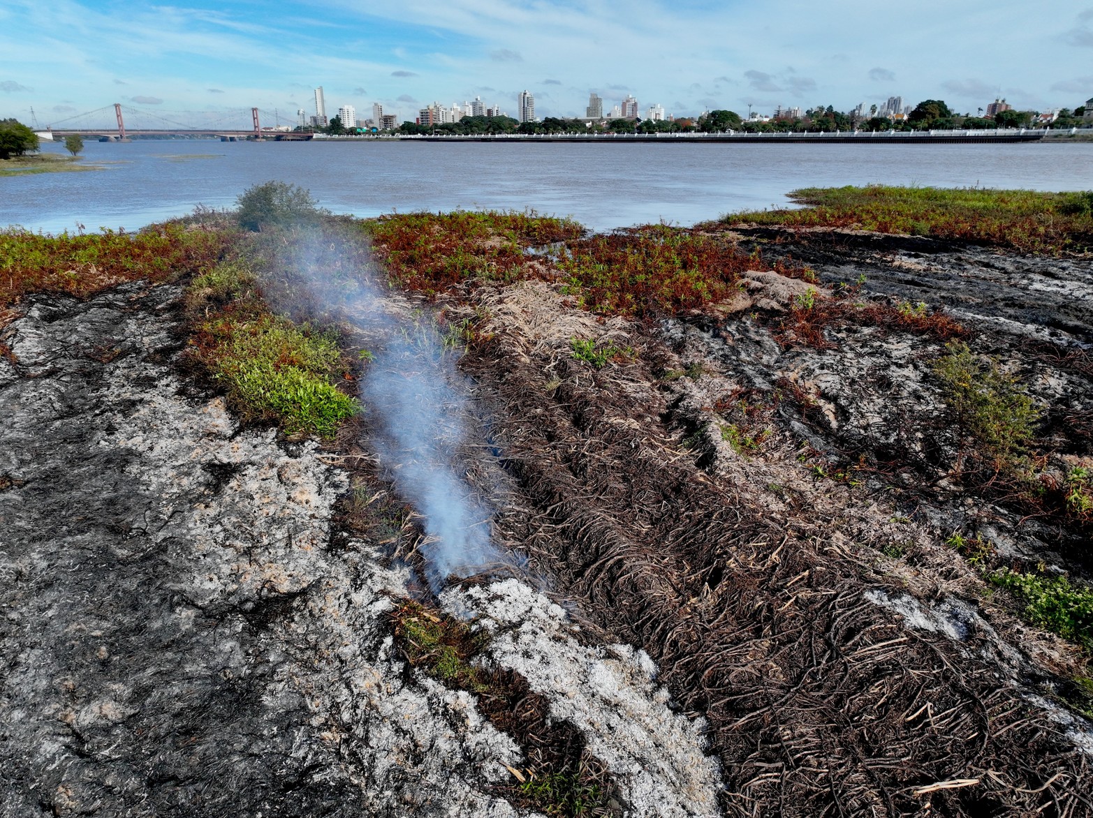 Así quedó el embalsado de la laguna Setúbal tras el incendio de este martes por la noche. Las llamas afectaron prácticamente la mitad de la vegetación acuática que se formó en ese sector.
