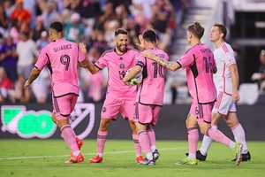 Jun 1, 2024; Fort Lauderdale, Florida, USA; Inter Miami CF forward Lionel Messi (10) celebrates after scoring a goal during the first half \aSt. Louis CITY SC at Chase Stadium. Mandatory Credit: Sam Navarro-USA TODAY Sports