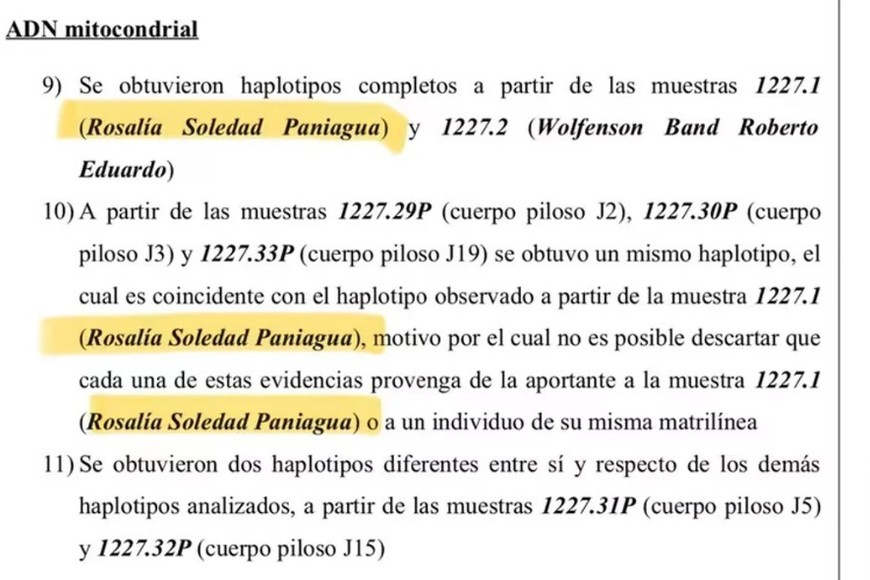 El documento que certifica el hallazgo del material genético de la empleada doméstica debajo de las uñas de Wolfenson.