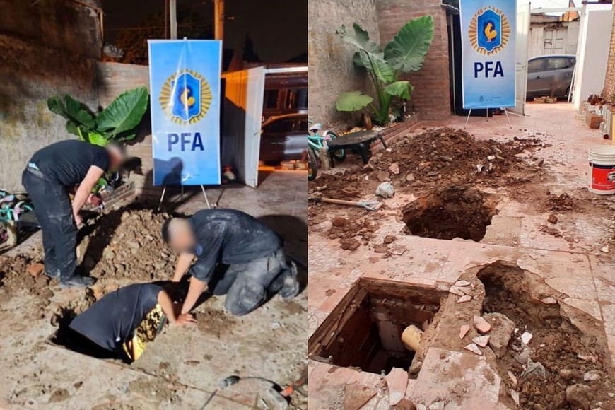 Con un martillo neumático, los efectivos tuvieron que romper el contrapiso para realizar el seguimiento de la cámara séptica y las conexiones de su cañería.